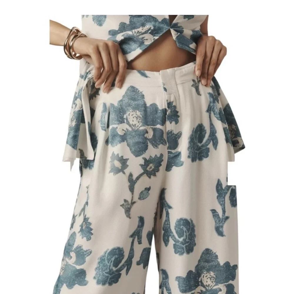 ANTHROPOLOGIE BLOCK PRINT GREEN AND WHITE SILKY TROUSERS SIZE MEDIUM TALL - Picture 5 of 12